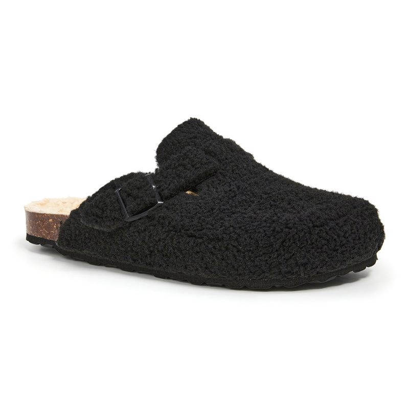 Sabot en peau lainée avec boucle rectangulaire.